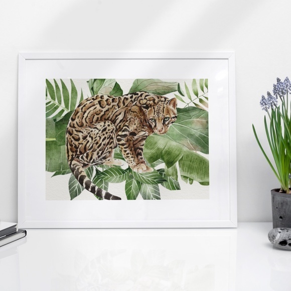 Watercolor Wall Art Wild Cat Ocelot Portrait Print Poster Unframed - Picture 3 of 17